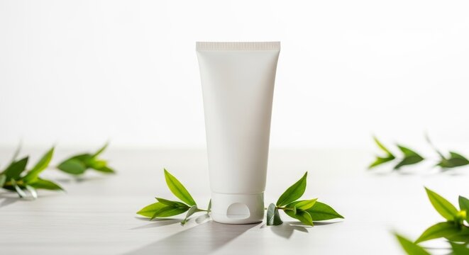 White cosmetic tube with green leaves on light background