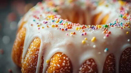 Close-up of a glazed donut with icing drip, showcasing texture and sweetness for food photography and culinary concepts.