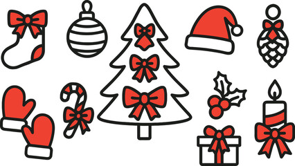 Christmas Icon Set – Red and White Symbols of Stocking, Tree, Santa Hat, Mittens, Gift, Holly, Candle, and Candy Cane for Holiday Design and Festive Projects