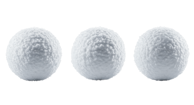 Three distinct, textured snowballs with irregular organic shapes, transparent packed snow crystals, isolated against a clean seamless transparent background, studio lighting, high-key, minimalist