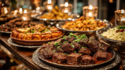 Platter of seasoned grilled meat garnished with herbs served on ornate metal tray next to dishes of rice, roasted vegetables, and sliced pizza for festive meal setup
