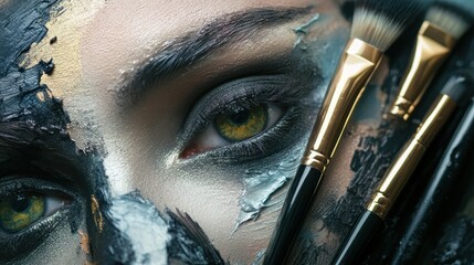 Close-up of makeup brush and eyeshadow palette on sparkling surface, beauty and cosmetics for makeup application and skincare.