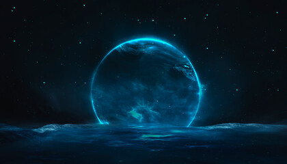 Modern futuristic neon abstract background. Large object in the center, space background. Dark scene with neon light. Reflection of light on a wet surface.
