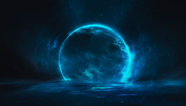 Modern futuristic neon abstract background. Large object in the center, space background. Dark scene with neon light. Reflection of light on a wet surface.