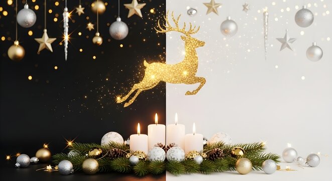 Elegant Christmas scene with golden reindeer, burning candles, and festive ornaments against a striking black and white background for holiday cheer