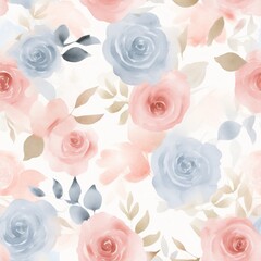 Pink roses on blue background, hand-painted watercolor blossoms and buds arranged in seamless repeat, soft pastel palette evokes vintage romantic mood, delicate