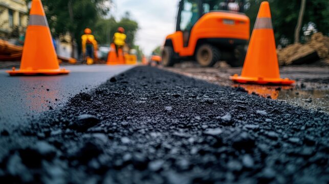 Road Construction Site: Heavy Machinery Working on Asphalt Pavement with Traffic Cones for Safety and Road Maintenance.