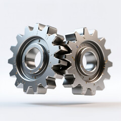 Two metal gears interlock, symbolizing partnership, cooperation, and mechanical harmony, with a realistic style and a clean white background.