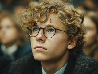Young person with curly blond hair and round glasses attentively ening indoors with soft lighting and blurred background people focusing on something inspiring