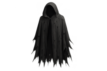 Hooded figure in dark tattered cloak appearing ominous for halloween, death, and spooky concepts with transparent background