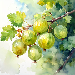 Watercolor Gooseberries in Fresh Green Botanical Style