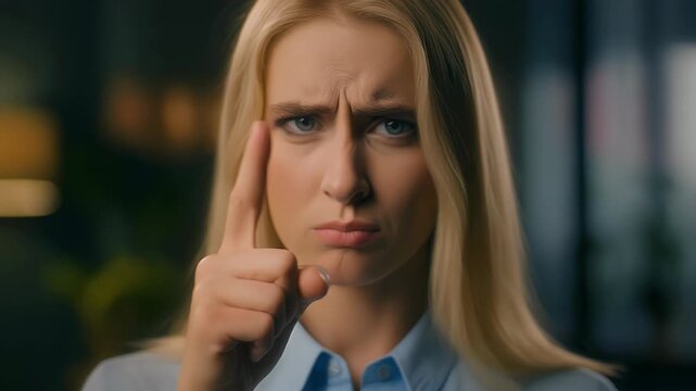 A young blonde woman with furrowed brows intently touches her forehead, appearing deep in thought or concentration.