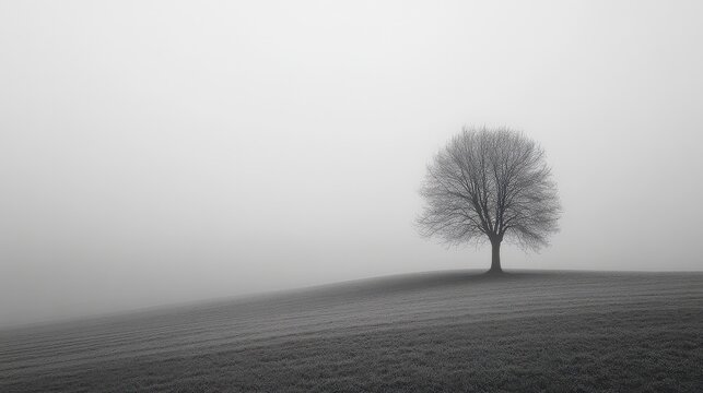 Single tree in foggy minimalist landscape