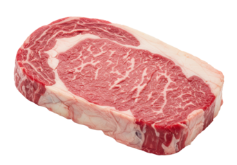 Thick-cut Ribeye steak, vibrant red muscle, intricate marbling, creamy fat, on stark white background with copy space, soft studio light, shadows. Concept of culinary excellence