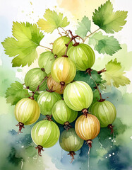 Watercolor Gooseberries in Fresh Green Botanical Style