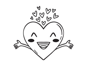 smiling heart character Valentines Day greeting card icon doodle hand drawn. Outline line drawing clipart symbol