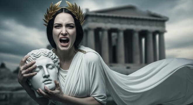 Dramatic woman in ancient Greek attire holding marble head - Powered by Adobe