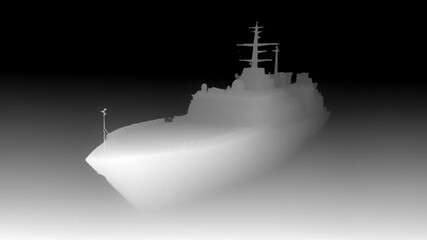 video of a military ship captured in thermal camera view style, showcasing vessel contours in high-contrast grayscale silhouette under night-time conditions.