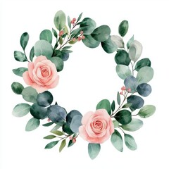 Romantic flower wreath, roses and eucalyptus leaves, watercolor design, blush and green tones, isolated on white background