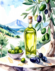 Watercolor Olive Oil Bottle with Mediterranean Cooking Elements