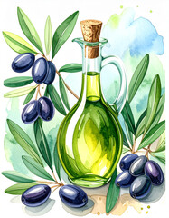 Watercolor Olive Oil Bottle with Mediterranean Cooking Elements