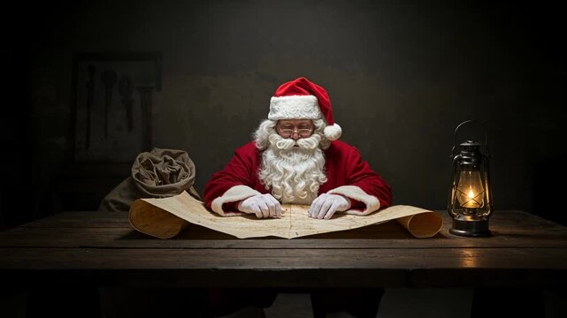 A man dressed as Santa Claus sits at a dark wooden table, reviewing an ancient scroll with a glowing lantern and a burlap sack beside him, looking directly ahead.
