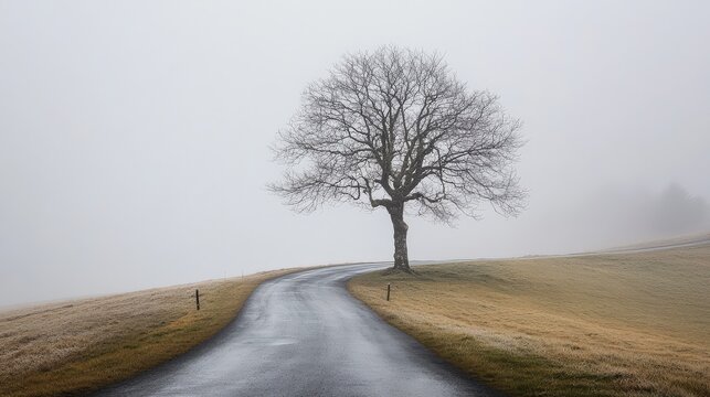 Lone tree beside road in misty morning scene - Powered by Adobe