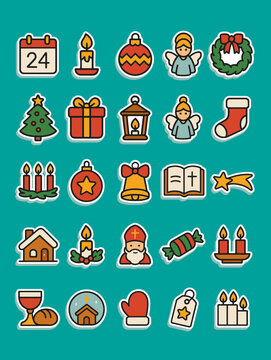 Vector collection of 25 flat Christmas and Advent icon stickers on a blue-green background. Includes traditional symbols like the calendar, and much more. Ideal for Christmas projects.