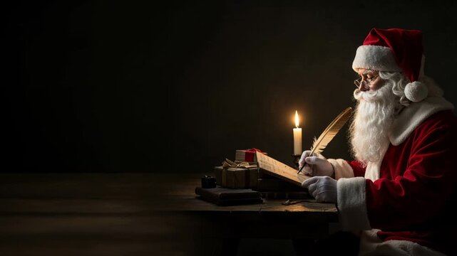 Santa Claus sits at a rustic wooden desk, illuminated by a single candle, diligently writing with a quill pen on a scroll amidst wrapped gifts and an inkwell, creating a warm, traditional holiday.