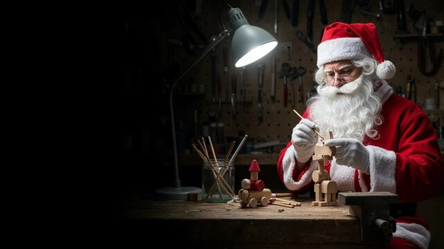 A festive man dressed as Santa Claus meticulously paints a small wooden reindeer toy on a rustic workbench in his dimly lit workshop, illuminated by a bright desk lamp.