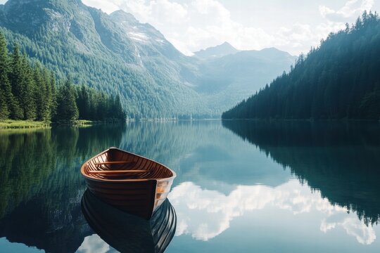 Red boat on misty lake - Powered by Adobe