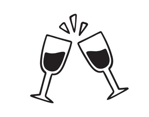 Two glasses of wine clink together icon doodle hand drawn. Outline line drawing clipart symbol