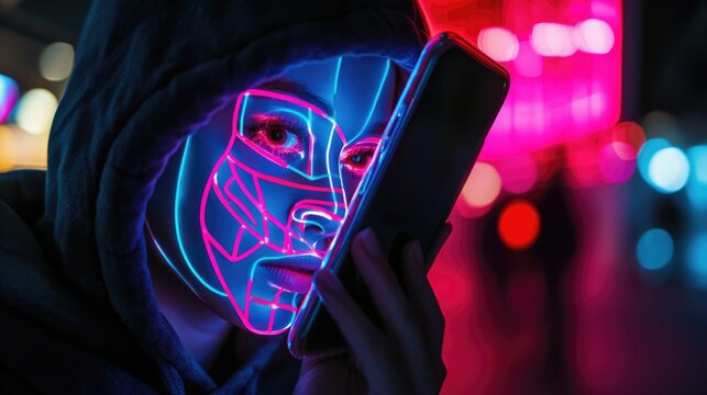 A phone with neon lights reflecting on their face, symbolizing digital culture and self-expression