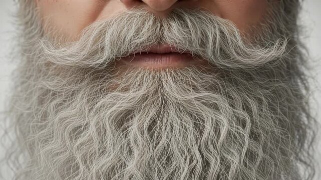 A detailed close-up shot captures the intricate texture of a long, curly, grey beard and a prominent handlebar mustache on an older person's face against a soft, light background.