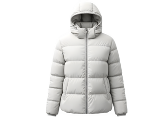 White Hooded Puffer Jacket Winter Fashion Apparel with Zip Front View Isolated on Transparent Background PNG