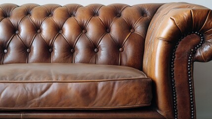 Obraz premium Close-up of a classic Chesterfield leather sofa with button tufting, showcasing rich texture and luxurious detail for interior design and home decor.