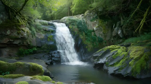 Serene waterfall cascading down mossy rocks in lush green forest landscape