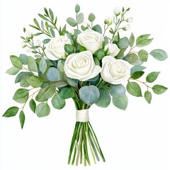 Wedding bouquet clipart, white roses and eucalyptus,