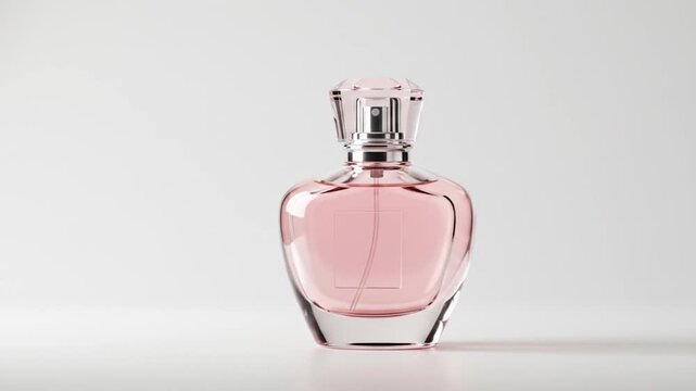 Elegant faceted crystal perfume bottle with pink liquid and silver spray nozzle on a clean white background