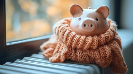 A piggy bank wrapped in a warm scarf on a home radiator. Winter heating costs