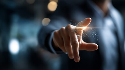 Faceless executive gesturing toward linguistic command interface soft focus workspace voice recognition automation data interpretation systems conversational assistance