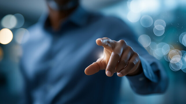 Faceless executive gesturing toward linguistic command interface soft focus workspace voice recognition automation data interpretation systems conversational assistance