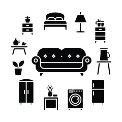 Home Furniture and Kitchen Essentials Icons Set – Black Silhouette Vector