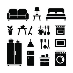 Home Furniture Icons Set – Minimalist Black Silhouette Household Items