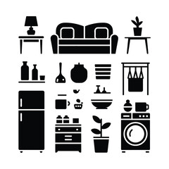 Home Furniture and Kitchen Appliance Icons Set – Black Silhouette Vector