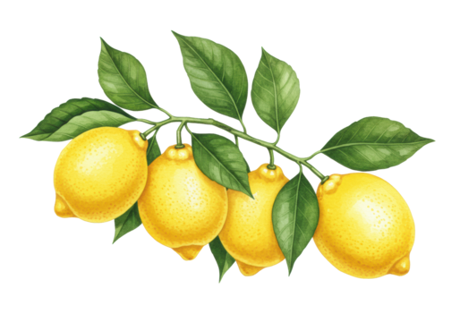 Vivid lemon branch with ripe yellow lemons, vibrant green leaves on a transparent background with copy space, soft watercolor illustration, refreshing citrus concept