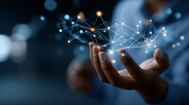 Faceless professional hand displaying linguistic comprehension on network visualization soft global connectivity conversation algorithms voice interpretation tech data