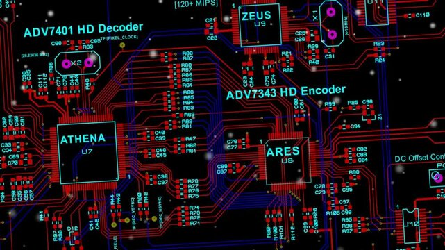 Video animation with printed circuit board of electronic device with components of radio elements, 
conductors, contact pads placed on pcb. 
Engineering drawing. Computer technic cad design.