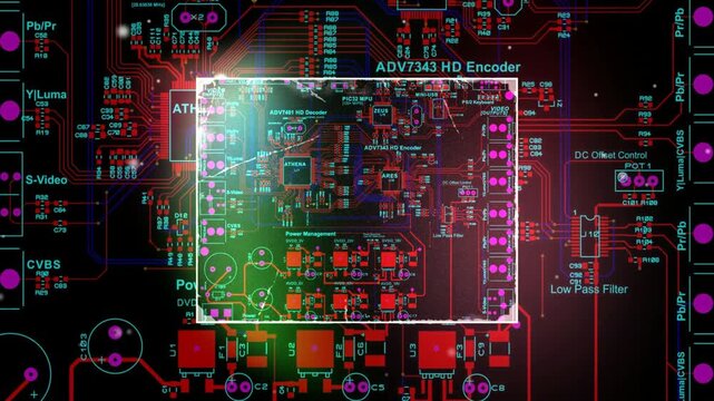 Video animation with printed circuit board of electronic device with components of radio elements, 
conductors, contact pads placed on pcb. 
Engineering drawing. Computer technic cad design.