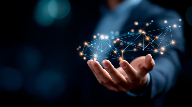 Anonymous executive holding symbols of intelligent networking blurred backdrop comprehension frameworks linguistic platform systems deep computation automation smart decision - Powered by Adobe